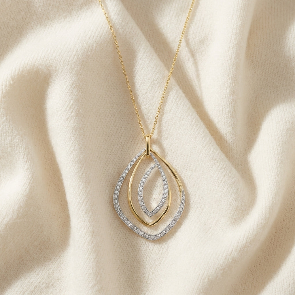 Diamond Overlapping Multi-Loop Two Tone Pendant in 14K Gold 1/3ctw, 16-18 Inch Adjustable Cable Chain in 14K Two-Tone Gold - flat lay