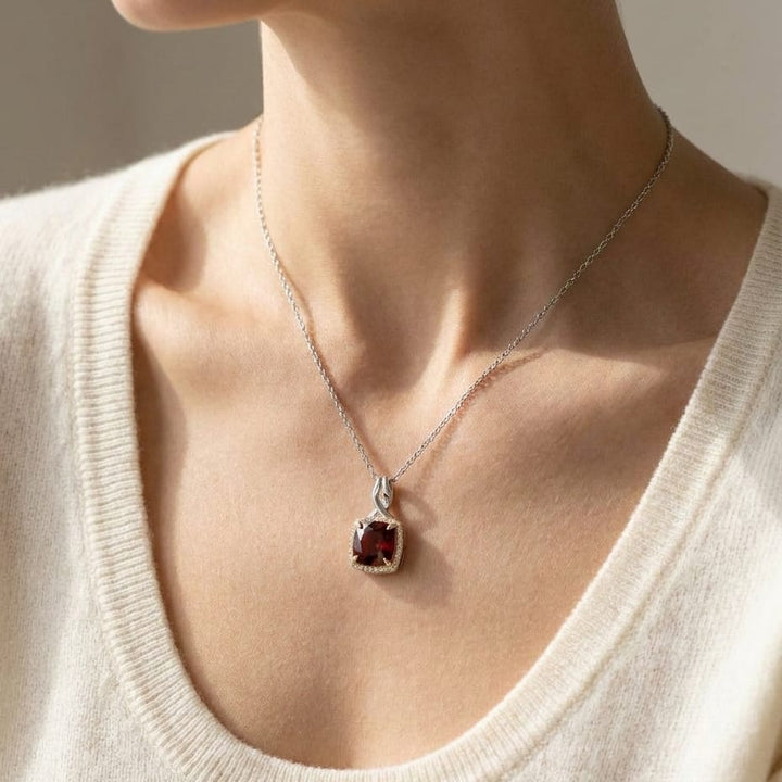 Garnet and Diamond Pendant in 14K Two-Tone Gold, 3.70ct, worn close-up portrait