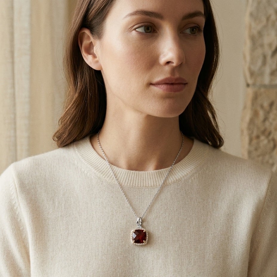 Garnet & Diamond Pendant In14k White & Yellow Gold in 14K Two-Tone Gold - lifestyle