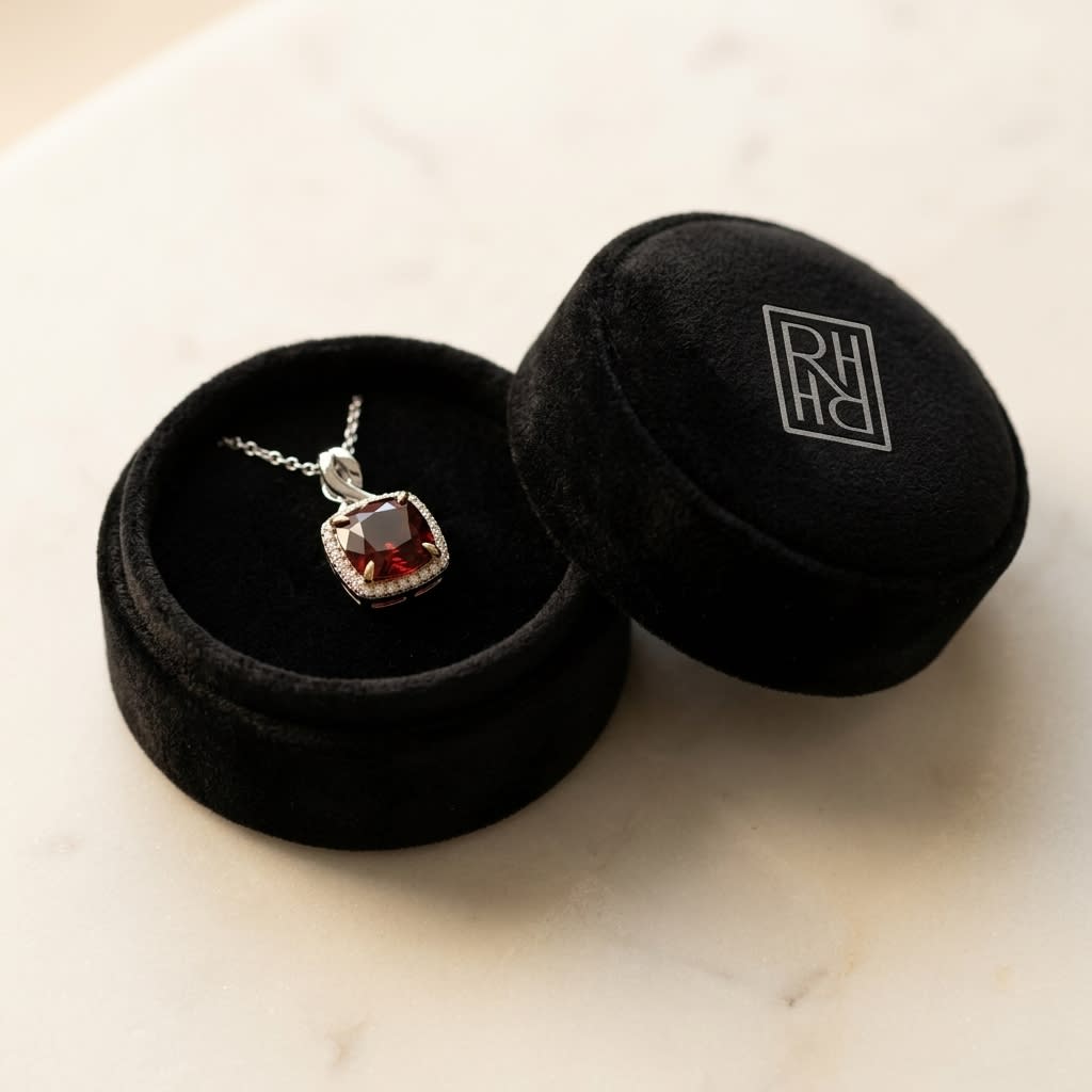 Garnet and Diamond Pendant in 14K Two-Tone Gold, 3.70ct, in navy velvet jewelry box