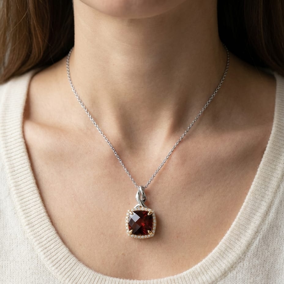 Garnet Pendant in 14K White Gold, worn close-up portrait