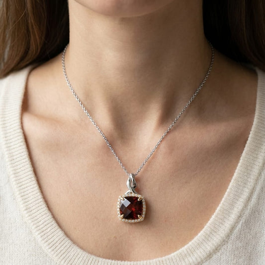 Garnet Pendant in 14K White Gold, worn close-up portrait
