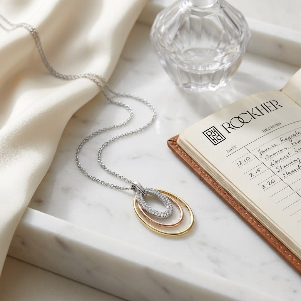 Diamond Triple Oval Pendant In 14k Two Tone Gold, on marble vanity tray with silk