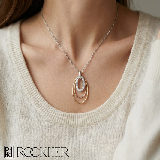 Diamond Triple Oval Pendant In 14k Two Tone Gold, worn close-up portrait