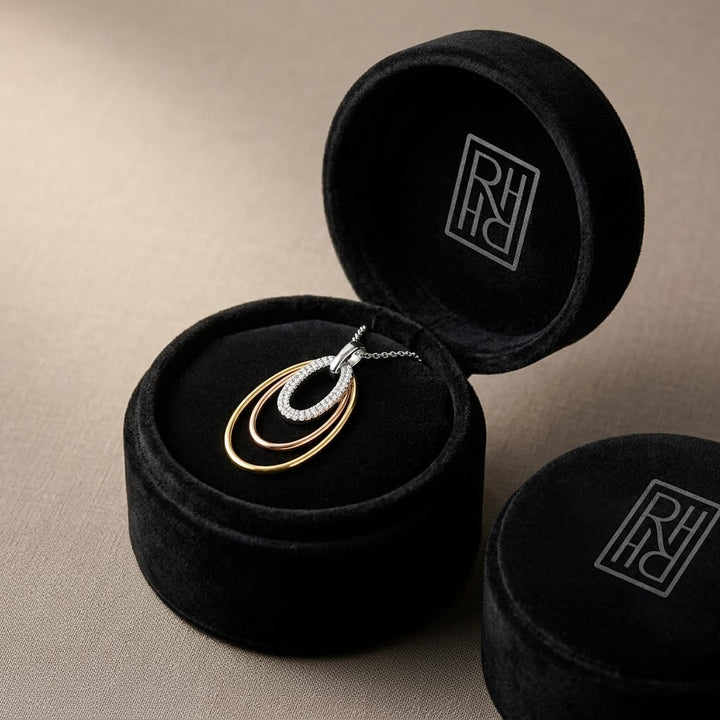 Diamond Triple Oval Pendant In 14k Two Tone Gold, in navy velvet jewelry box