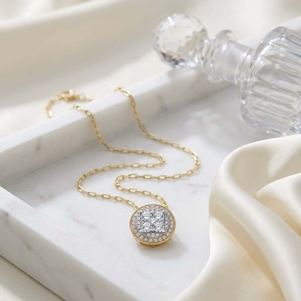 Round Diamond Halo Cluster Pendant In 14k Two Tone Gold Adj 16-18 Inch Chain(5/8 Ct.tw.), on marble vanity tray with silk