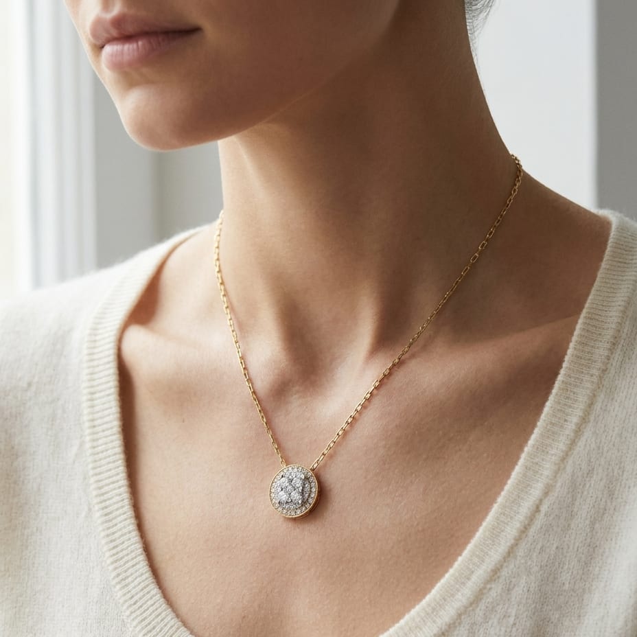 Round Diamond Halo Cluster Pendant In 14k Two Tone Gold Adj 16-18 Inch Chain(5/8 Ct.tw.), worn close-up portrait