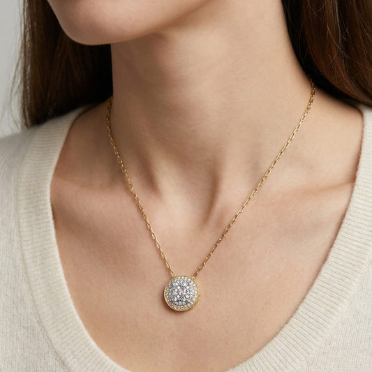 Round Diamond Halo Cluster Pendant In 14k Two Tone Gold (5/8 Ct.tw.), worn close-up portrait