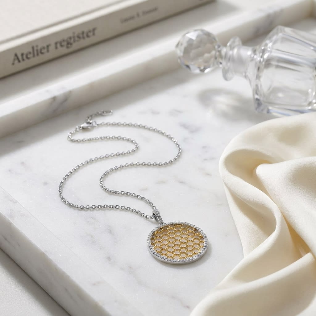 Diamond Textured Honeycomb Pendant In 14k Two Tone Gold (1/6 Ct.tw.), on marble vanity tray with silk