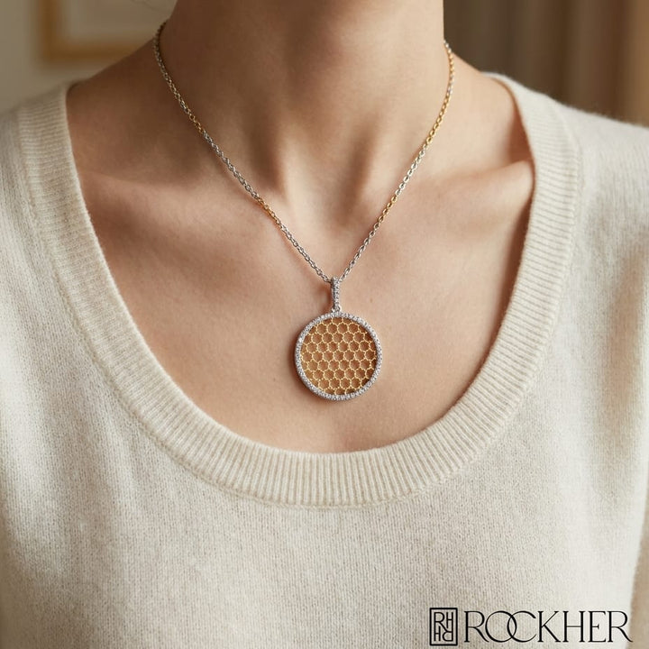 Diamond Textured Honeycomb Pendant In 14k Two Tone Gold (1/6 Ct.tw.), worn close-up portrait