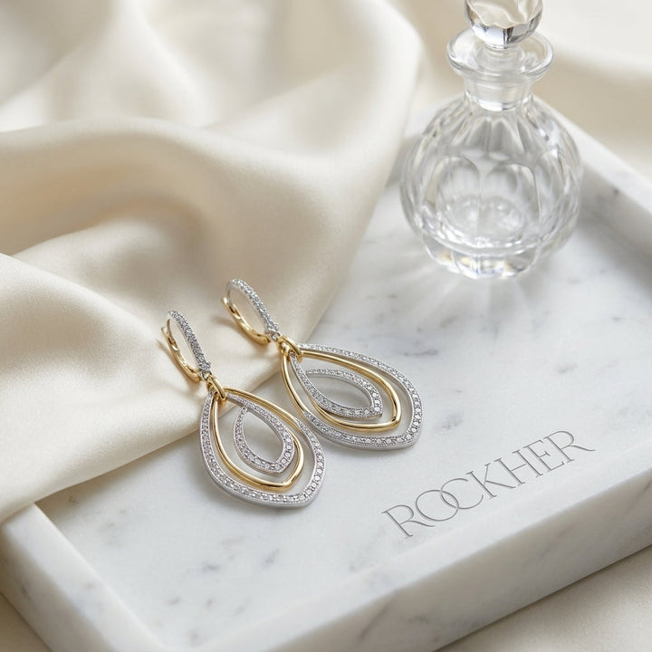 Diamond Overlapping Multi-loop Two Tone Dangle Earrings in 14k Gold 0.50ctw, on marble vanity tray with silk