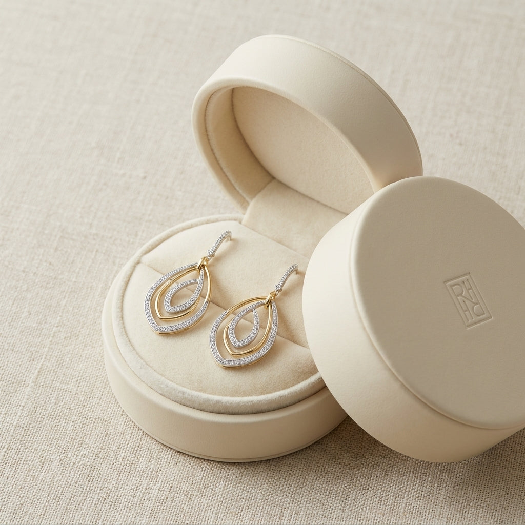 Diamond Overlapping Multi-loop Two Tone Dangle Earrings in 14k Gold 0.50ctw, in navy velvet jewelry box