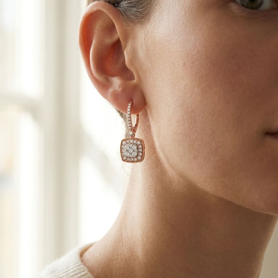 Diamond Pave Cluster Cushion Shaped Earrings In 14k Two Tone Gold (2/3 Ct.tw.), worn close-up portrait