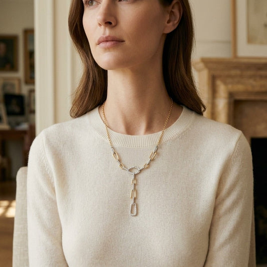 Diamond Graduated Links with Pave & High Polish Finish Y Necklace in 14K Two-Tone Gold - editorial