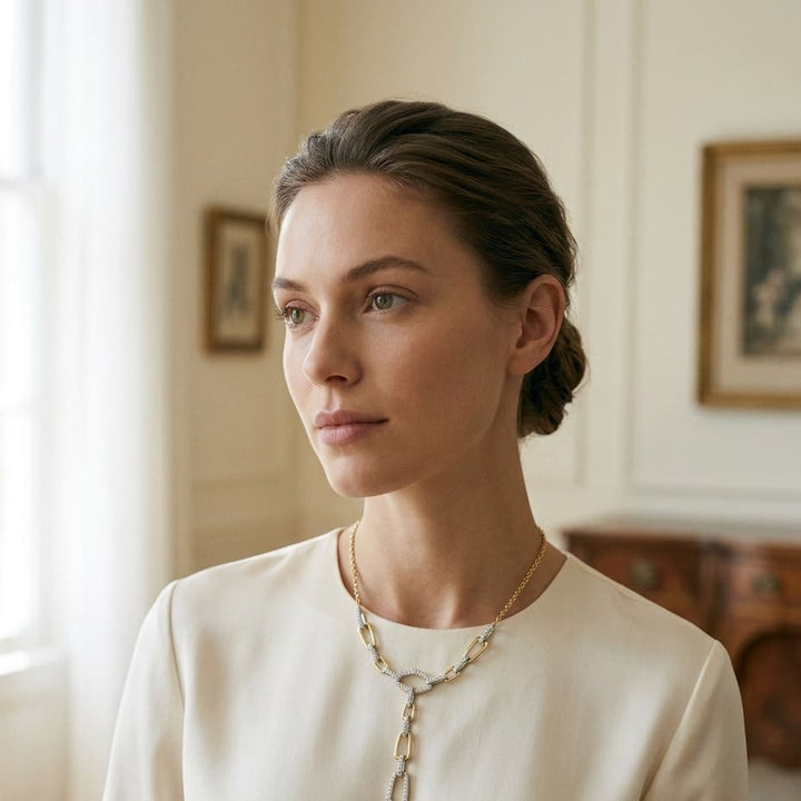 Diamond Graduated Links with Pave & High Polish Finish Y Necklace in 14K Two-Tone Gold - on model