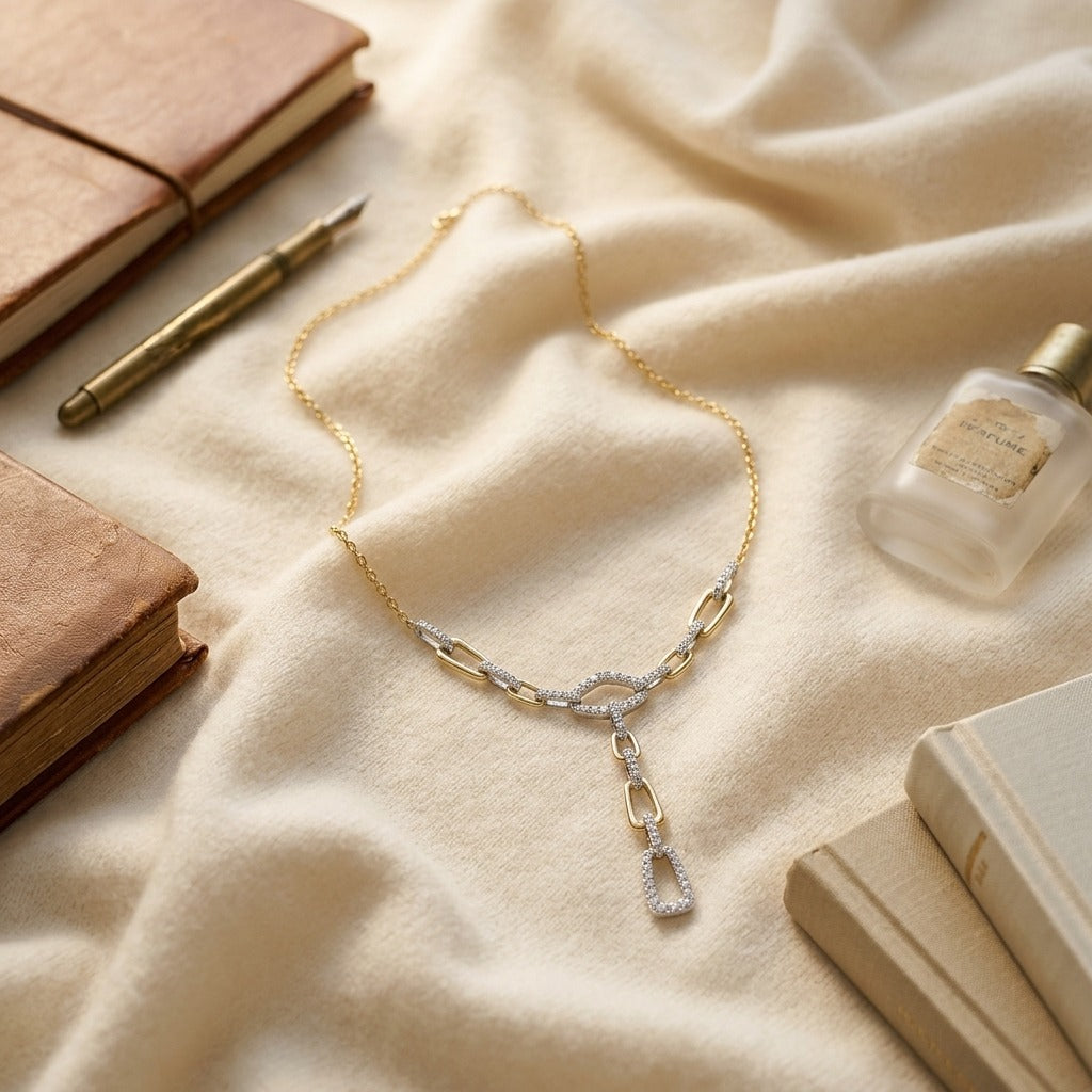 Diamond Graduated Links with Pave & High Polish Finish Y Necklace in 14K Two-Tone Gold - flat lay