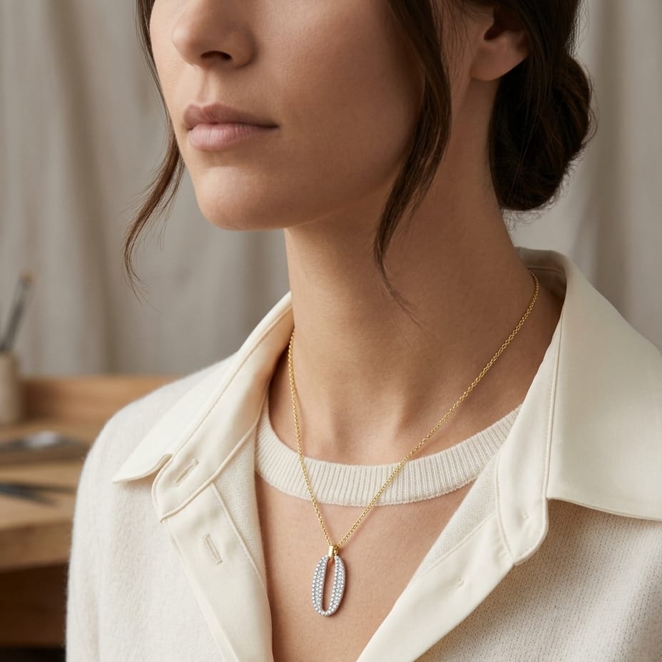 Diamond Pave Oval Pendant in 14K Two-Tone Gold - lifestyle