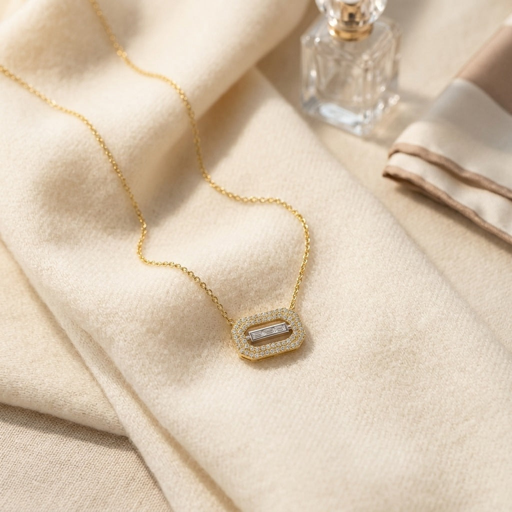 Baguette & Round Diamond East West Paper Clip Necklace 1/3ctw in 14 karat two tone in 14K Two-Tone Gold - flat lay