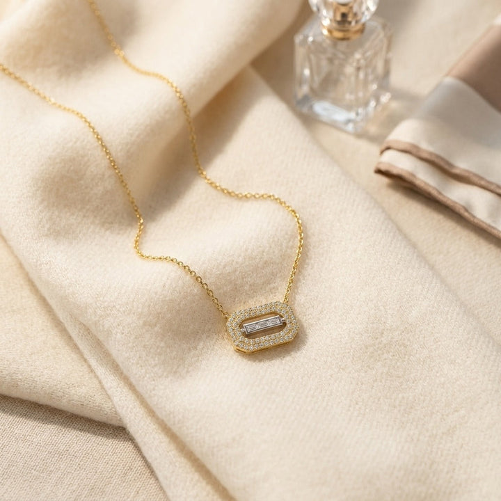 Baguette & Round Diamond East West Paper Clip Necklace 1/3ctw in 14 karat two tone in 14K Two-Tone Gold - flat lay