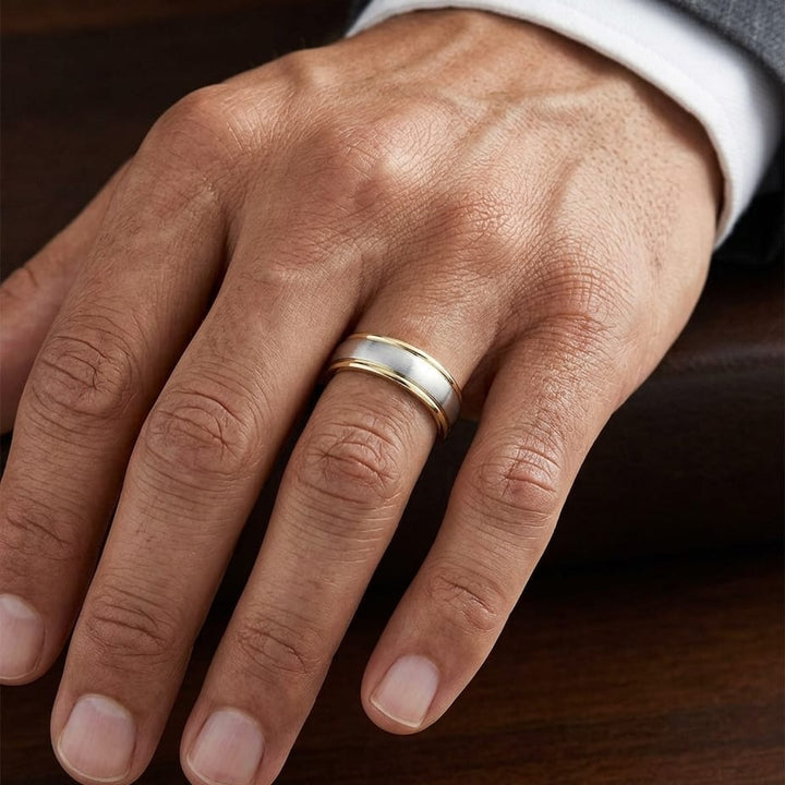 6mm High Polish Carved Wedding Band in 14K Two-Tone Gold, worn on hand, masculine close-up