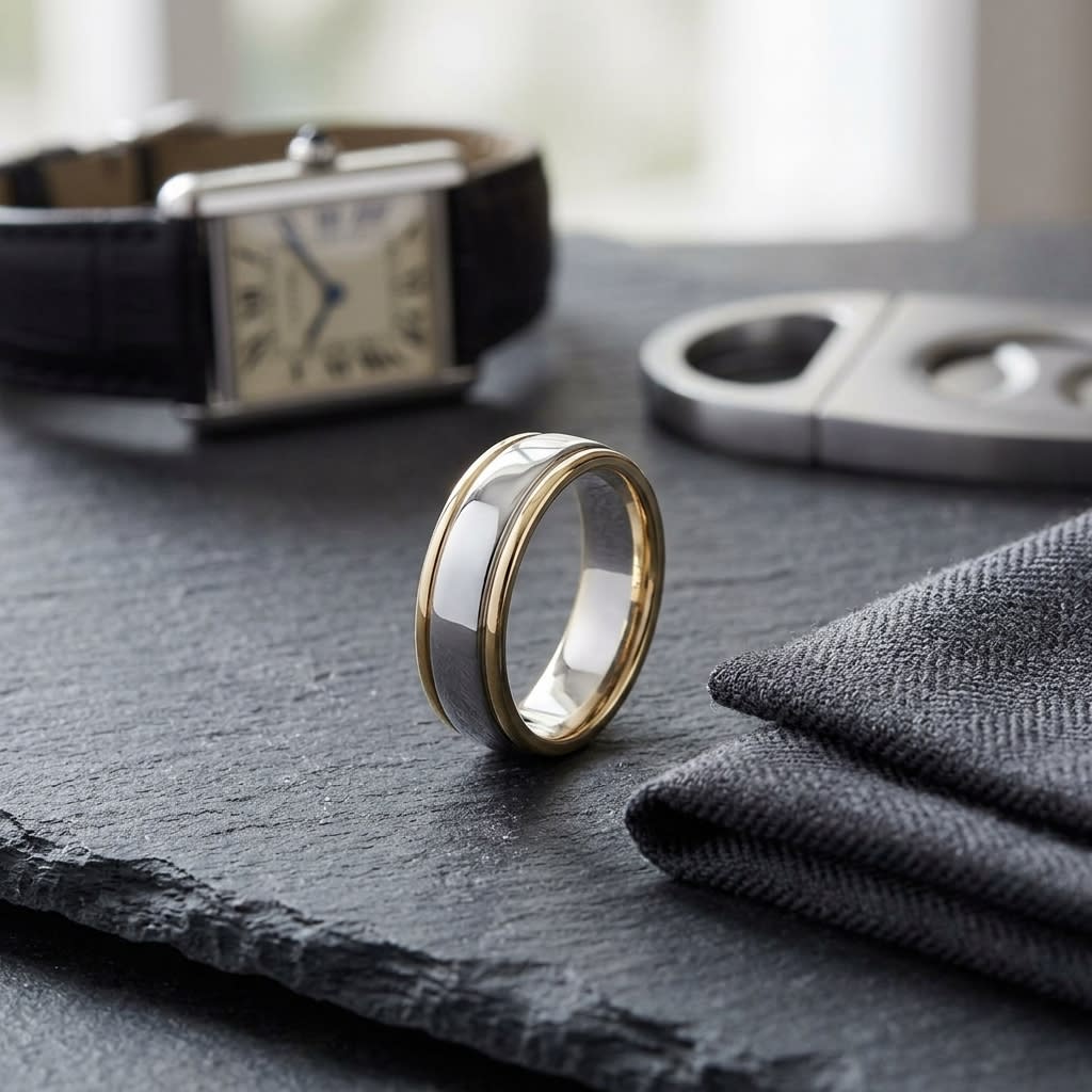 6mm High Polish Carved Wedding Band in 14K Two-Tone Gold, on walnut surface with pocket square