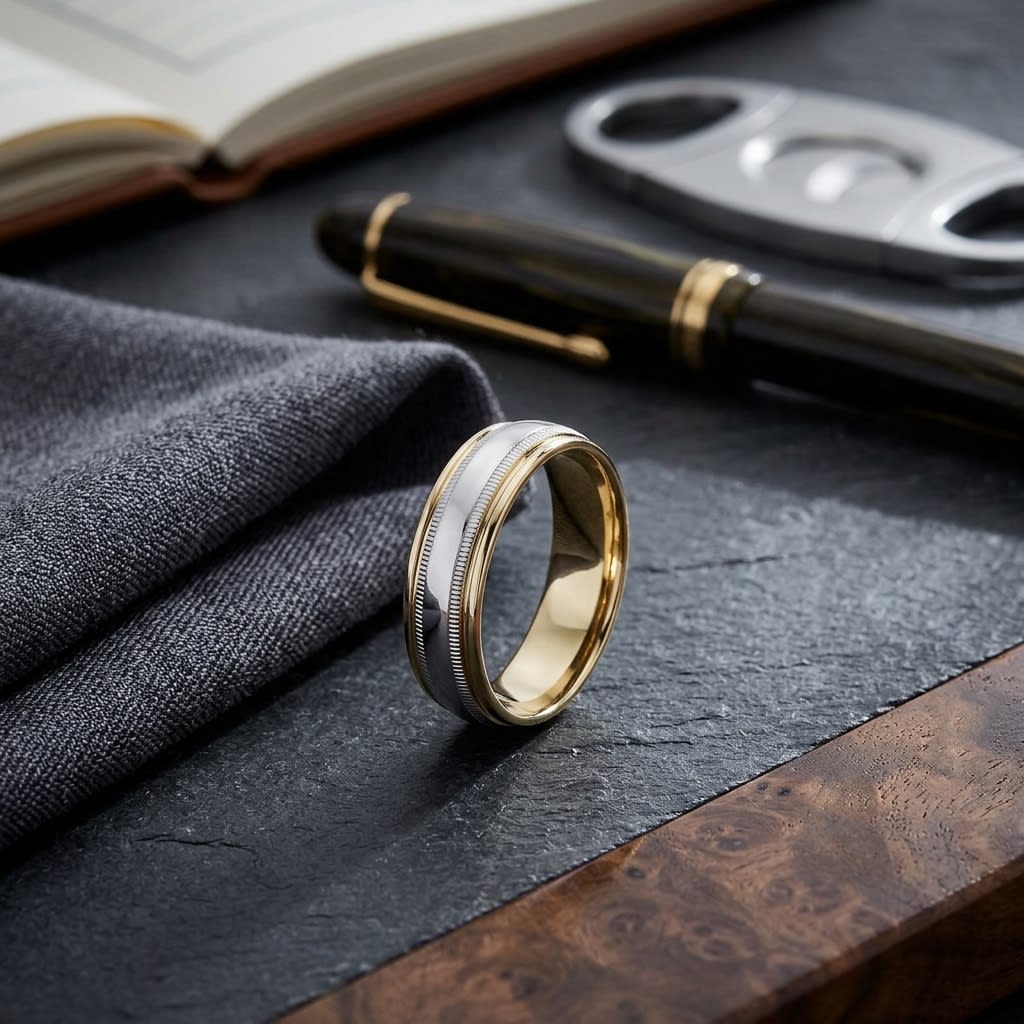 6mm High Polish Milgrain Round Edge Carved Wedding Band in 14K Two-Tone Gold, on walnut surface with pocket square