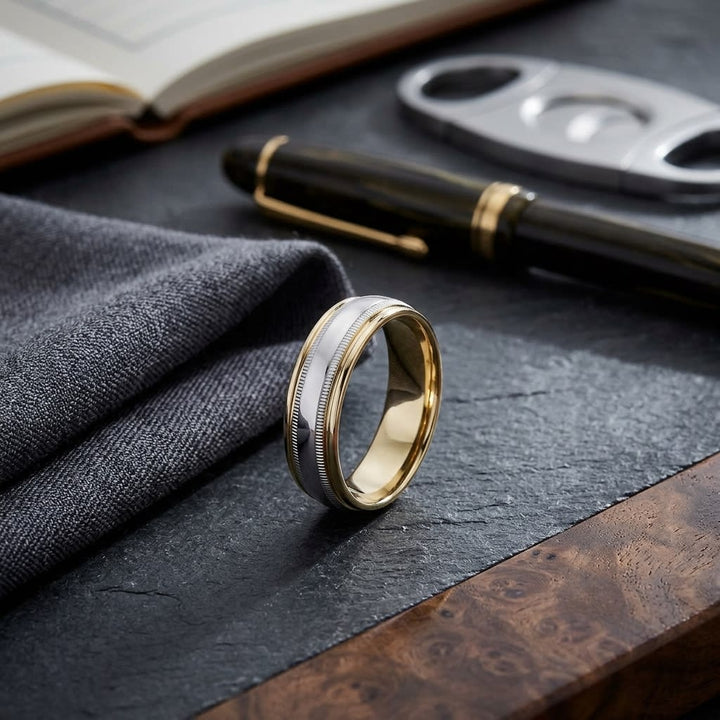 6mm High Polish Milgrain Round Edge Carved Wedding Band in 14K Two-Tone Gold, on walnut surface with pocket square