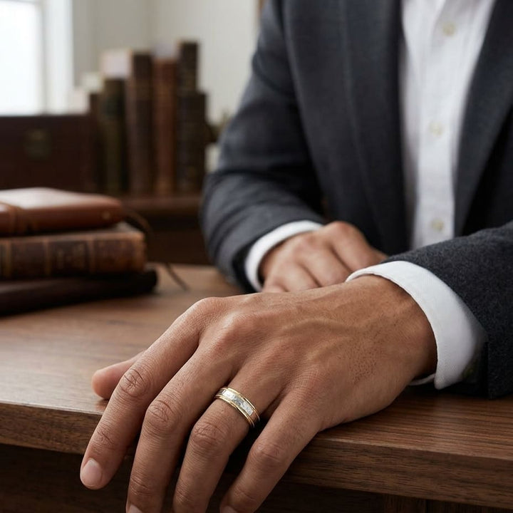 6mm Hammered Finish Milgrain Carved Wedding Band in 14K Two-Tone Gold, worn on hand, masculine full view