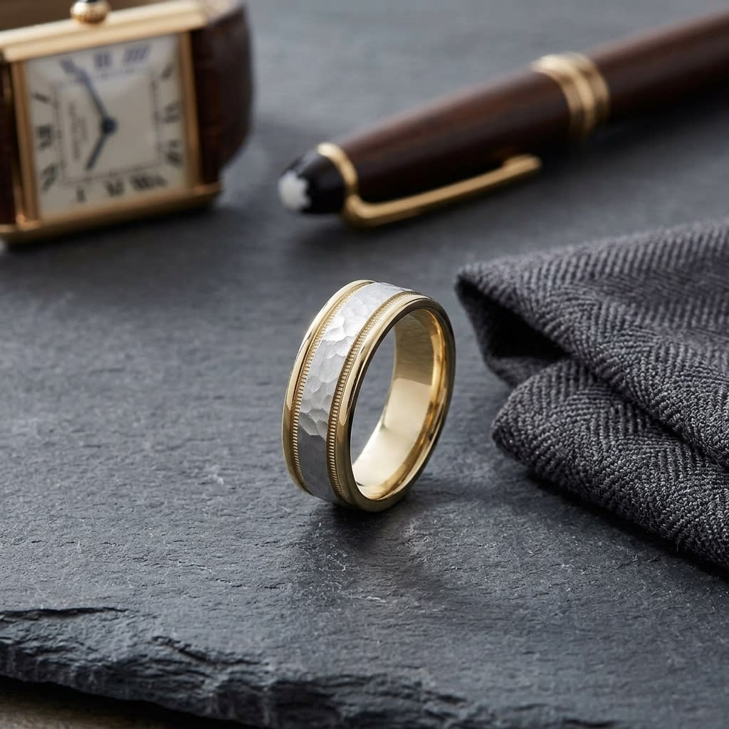 6mm Hammered Finish Milgrain Carved Wedding Band in 14K Two-Tone Gold, on walnut surface with pocket square