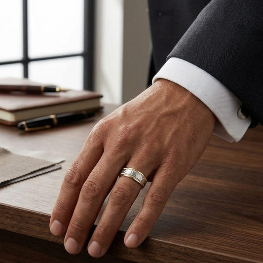 8mm Hammered Finish Milgrain Carved Wedding Band in 14K Two-Tone Gold, worn on hand, masculine full view