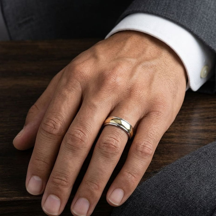 6mm High Polish Carved Wedding Band in 14K Two-Tone Gold, worn on hand, masculine close-up
