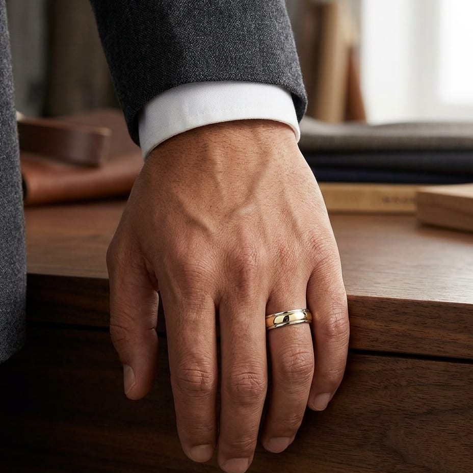 6mm High Polish Carved Wedding Band in 14K Two-Tone Gold, worn on hand, masculine full view