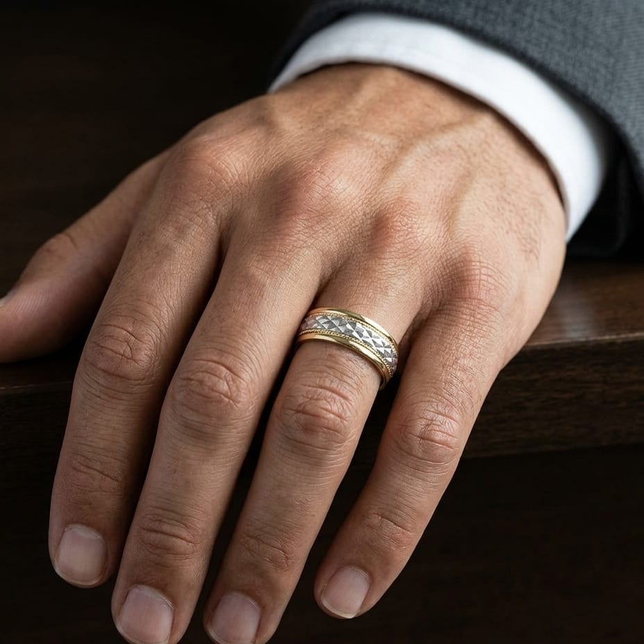 8mm High Polish Cross Hatch Center Carved Wedding Band in 14K Two-Tone Gold, worn on hand, masculine close-up