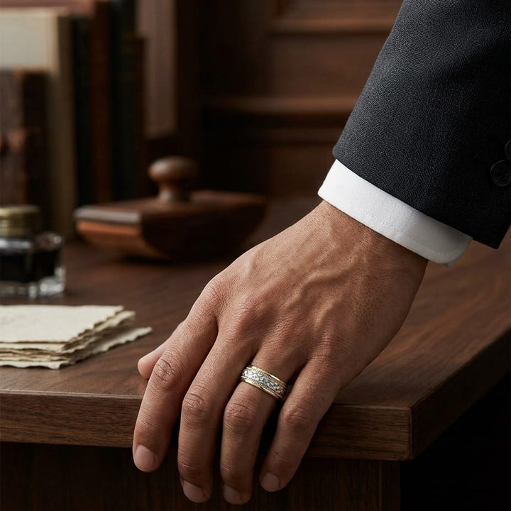 8mm High Polish Cross Hatch Center Carved Wedding Band in 14K Two-Tone Gold, worn on hand, masculine full view
