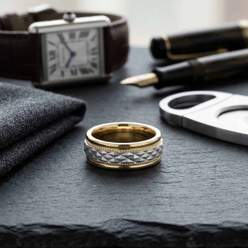 8mm High Polish Cross Hatch Center Carved Wedding Band in 14K Two-Tone Gold, on walnut surface with pocket square
