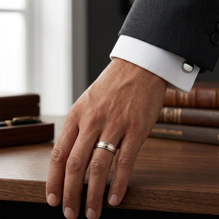 6mm High Polish Carved Wedding Band in 14K Two-Tone Gold, worn on hand, masculine full view