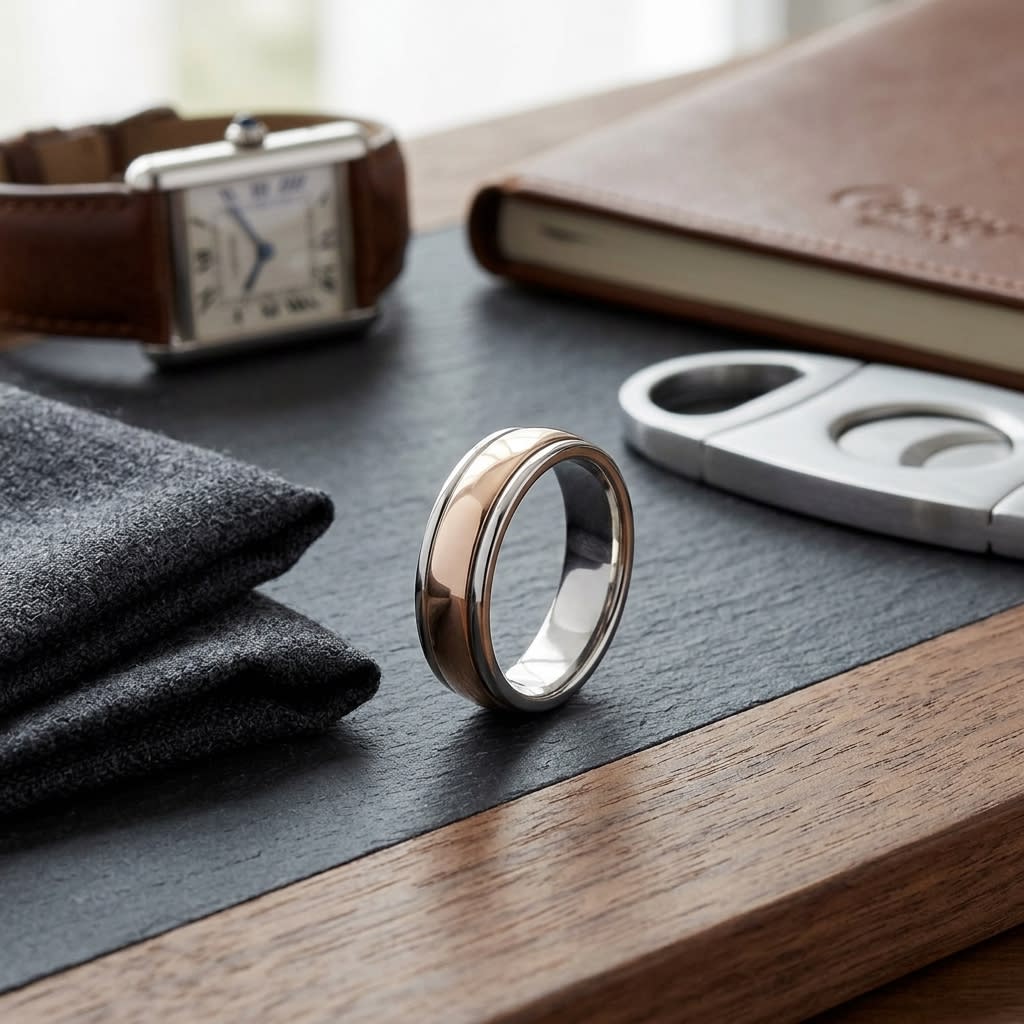 6mm High Polish Carved Wedding Band in 14K Two-Tone Gold, on walnut surface with pocket square