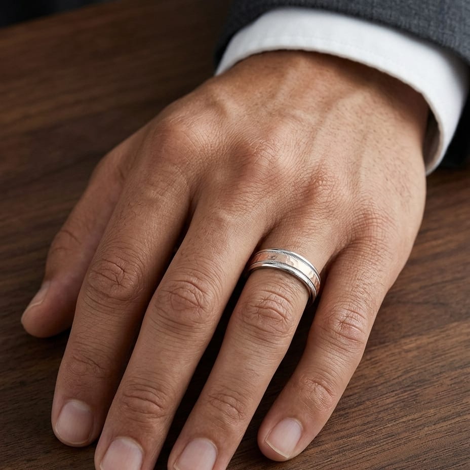 6mm Comfort-Fit Wedding Band in 14K Two-Tone Gold, worn on hand, masculine close-up