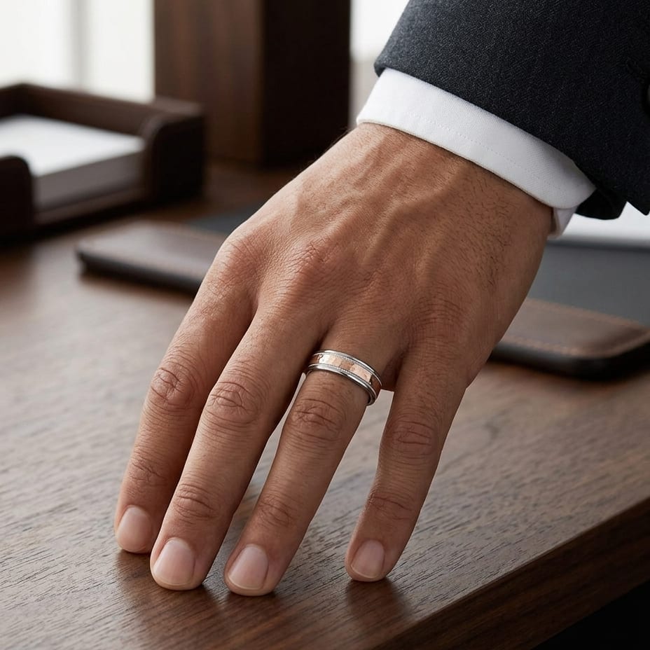 6mm Comfort-Fit Wedding Band in 14K Two-Tone Gold, worn on hand, masculine full view