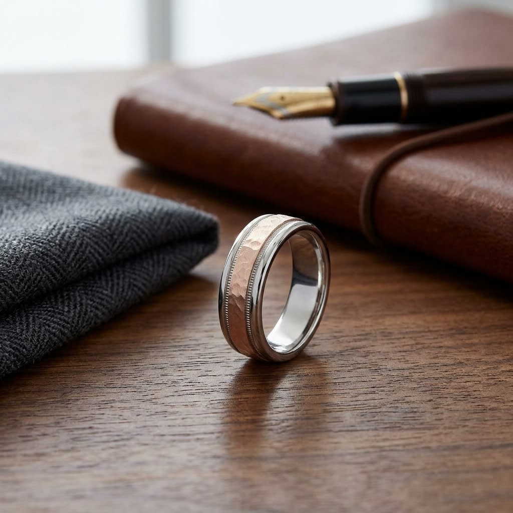 6mm Comfort-Fit Wedding Band in 14K Two-Tone Gold, on walnut surface with pocket square