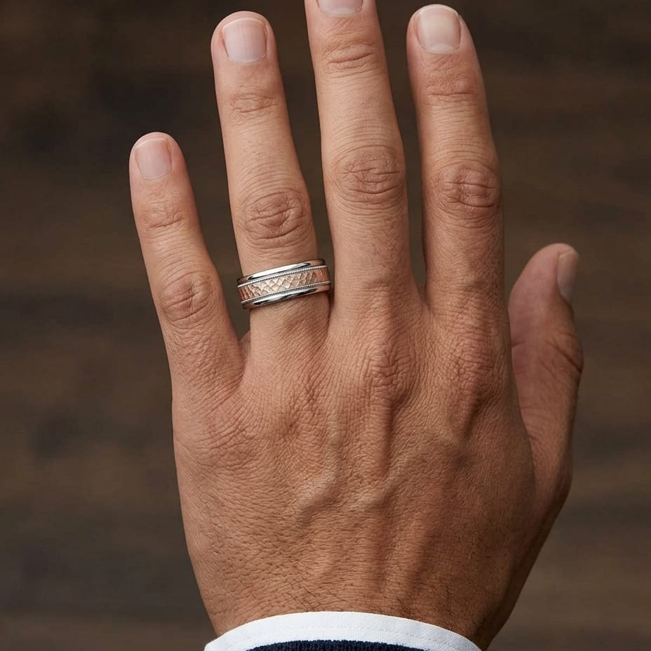 8mm Comfort-Fit Wedding Band in 14K Two-Tone Gold, worn on hand, masculine close-up
