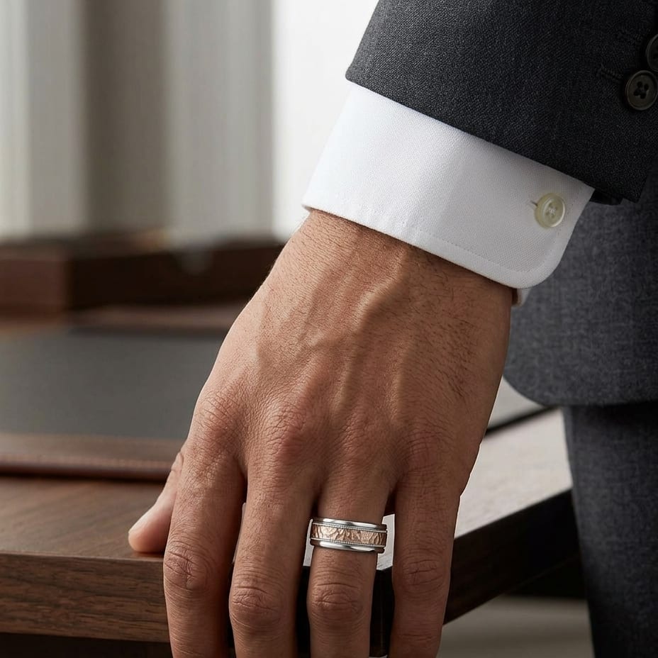 8mm Comfort-Fit Wedding Band in 14K Two-Tone Gold, worn on hand, masculine full view