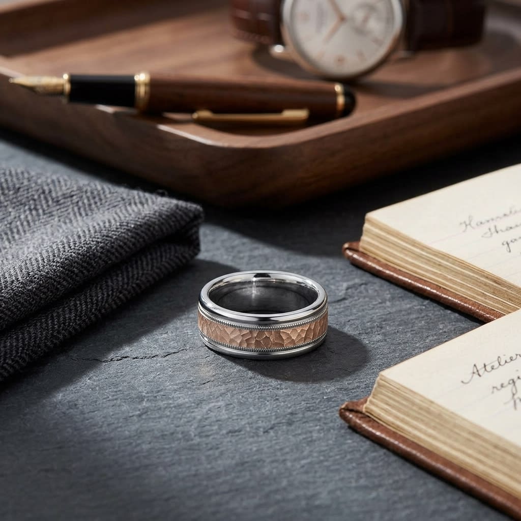 8mm Comfort-Fit Wedding Band in 14K Two-Tone Gold, on walnut surface with pocket square