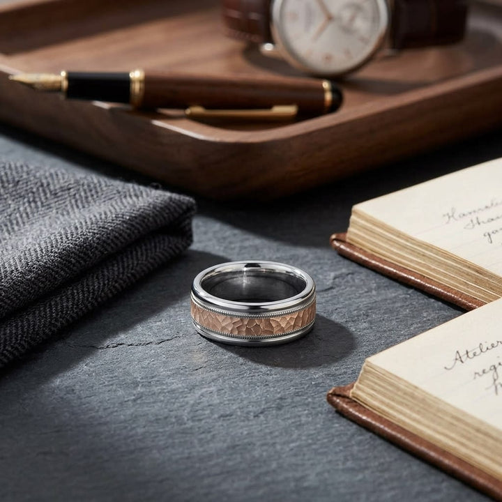 8mm Comfort-Fit Wedding Band in 14K Two-Tone Gold, on walnut surface with pocket square