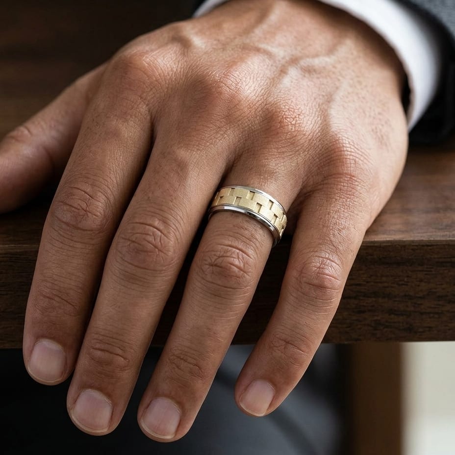 8mm Satin Finish Carved Wedding Band in 14K Two-Tone Gold, worn on hand, masculine close-up