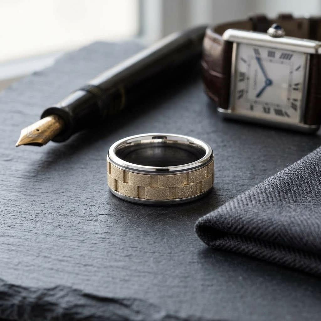 8mm Satin Finish Carved Wedding Band in 14K Two-Tone Gold, on walnut surface with pocket square