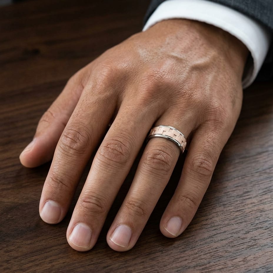 8mm Satin Finish Carved Wedding Band in 14K Two-Tone Gold, worn on hand, masculine close-up