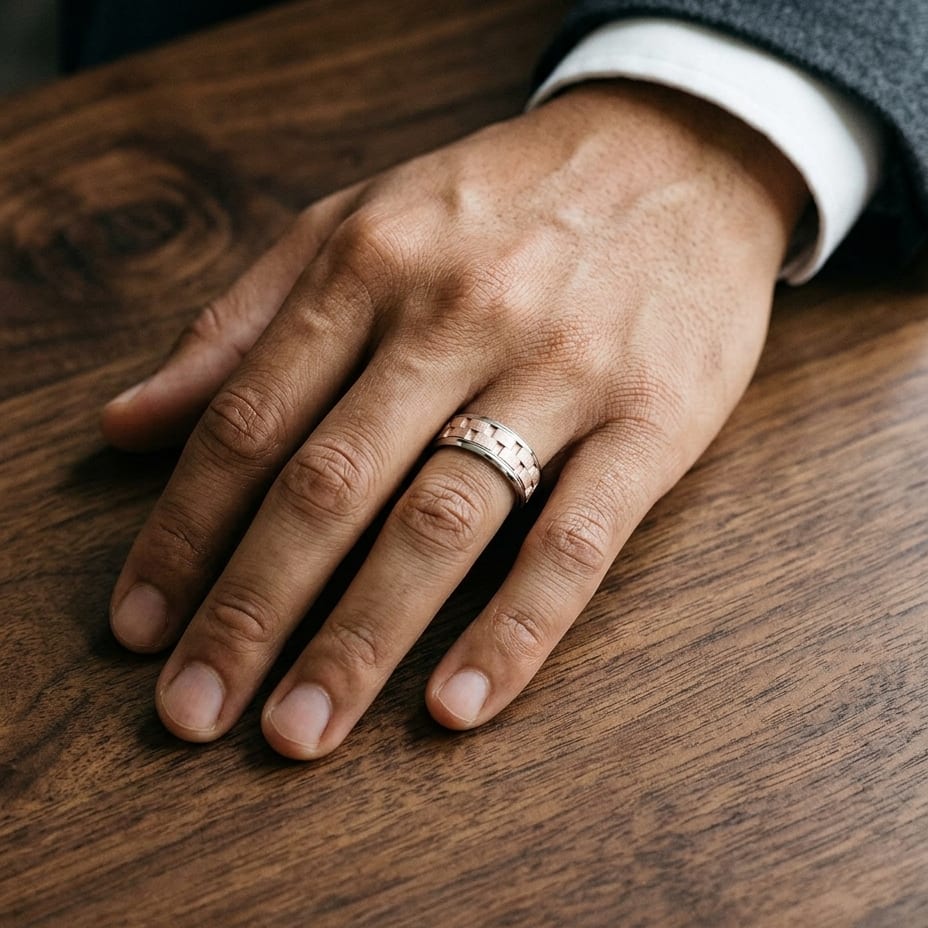 8mm Satin Finish Carved Wedding Band in 14K Two-Tone Gold, worn on hand, masculine full view