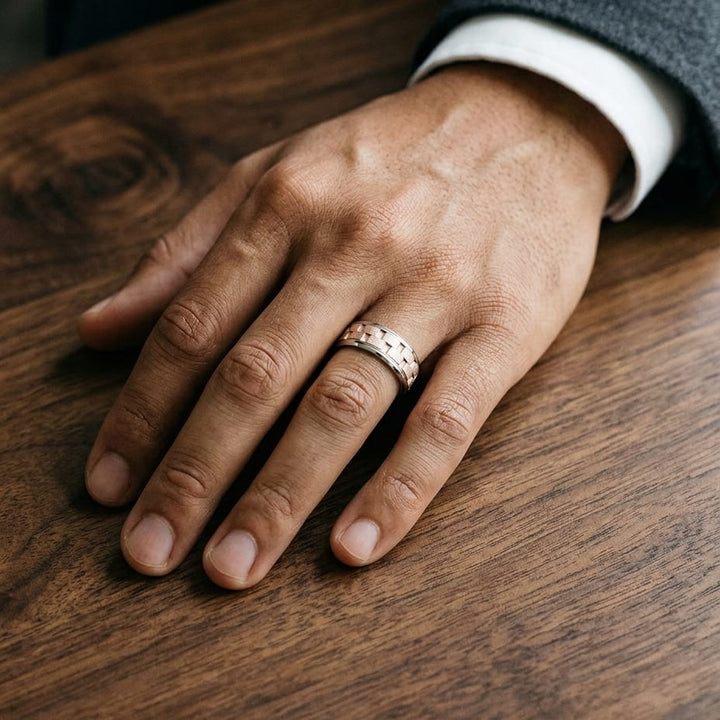 8mm Satin Finish Carved Wedding Band in 14K Two-Tone Gold, worn on hand, masculine full view