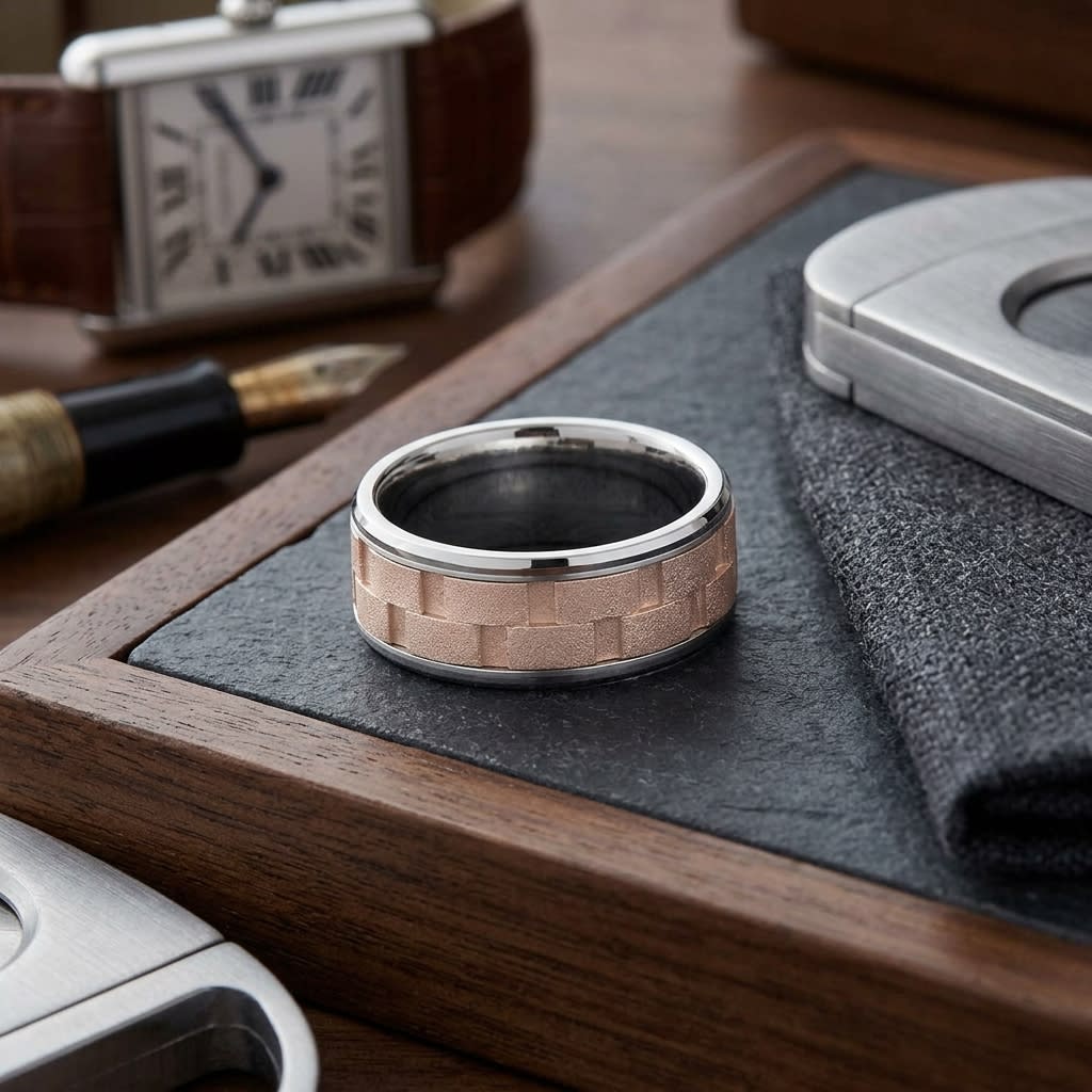 8mm Satin Finish Carved Wedding Band in 14K Two-Tone Gold, on walnut surface with pocket square